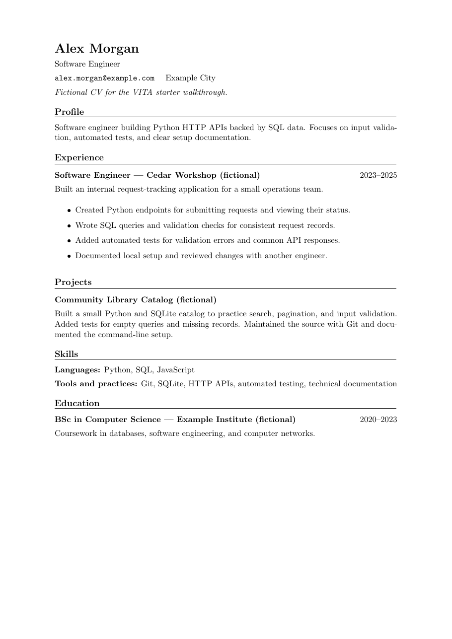 Preview of the sample CV showing a fictional candidate's experience